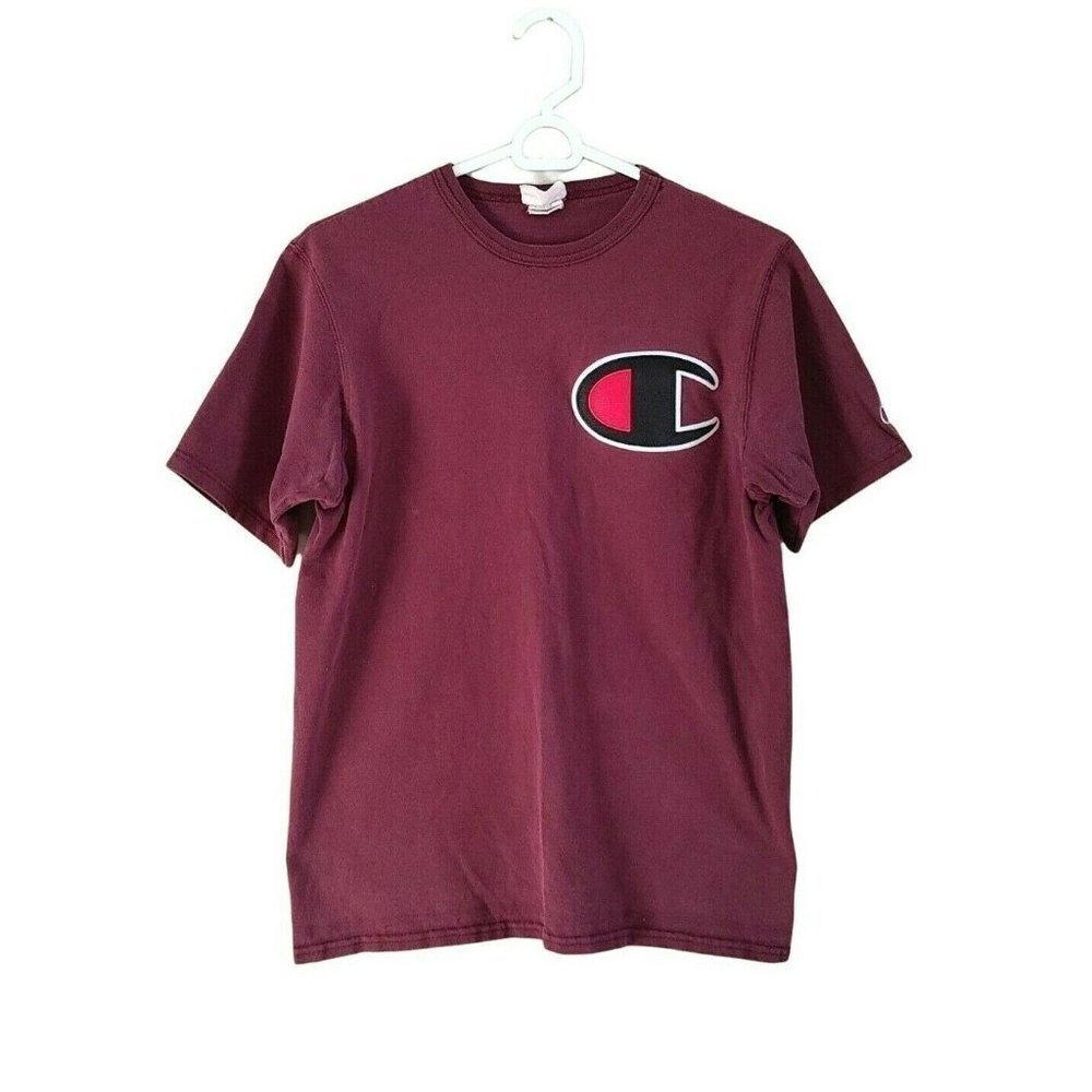 Champion Big Logo T Shirt Men's Medium Burgundy Crew Neck Cotton  Short Sleeve